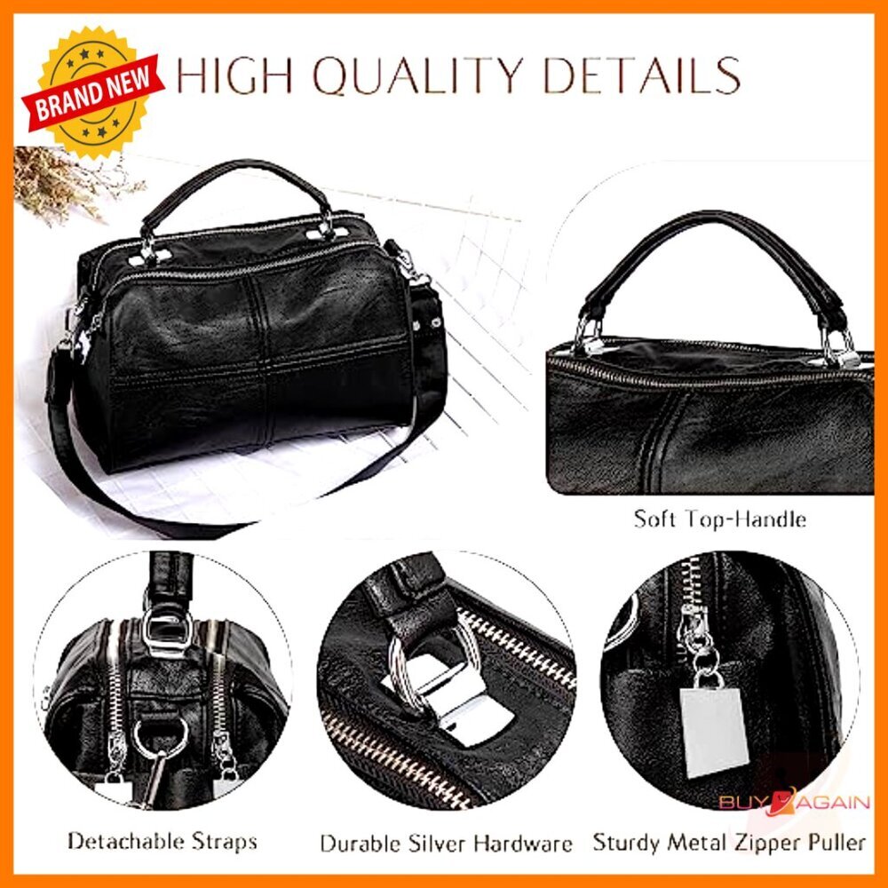 Vegan Leather Satchel Crossbody Bag with Adjustable Strap, Medium Size - Picture 5 of 7